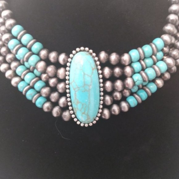 Western Layered Faux Turquoise Beaded Choker Necklace - Picture 4 of 4